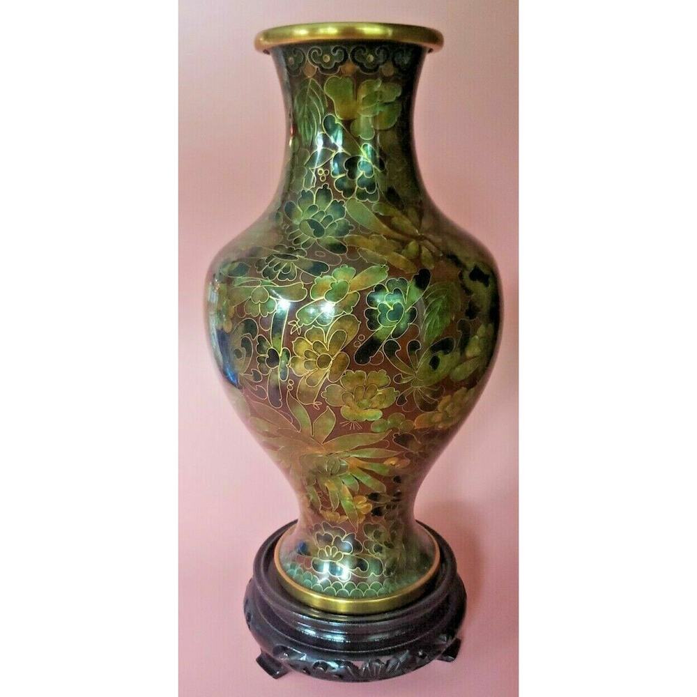Vintage Floral Cloisonne Enamel Copper 10" Vase Browns Greens Republic China U34